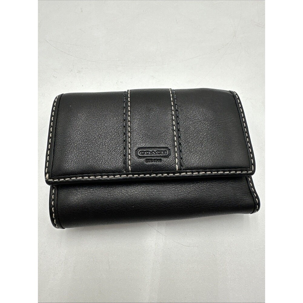 COACH Leather Bifold Wallet Change Purse Black Purple Sz Small Snap Closure